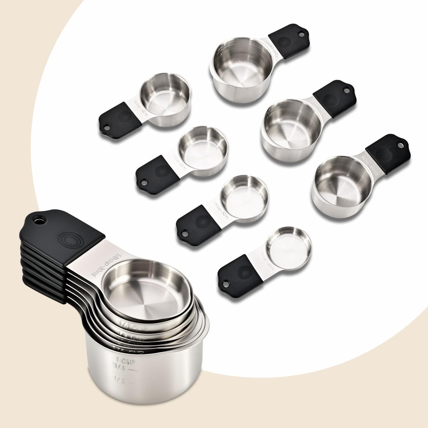 EDELIN Magnetic Measuring Cups and Spoons Set, Stainless Steel 7 cup and 7 spoon with 1 Leveler, 18/8 304 stainless steel (Black 15 sets)