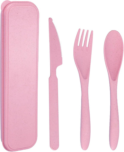 Reusable Travel Utensils Set with Case, 2 Sets Wheat Straw Portable Knife Fork Spoons Camping Cutlery for Lunch Box, Eco-Friendly BPA Free Plastic Tableware for Kids Adults Work Picnic (Purple+Pink)