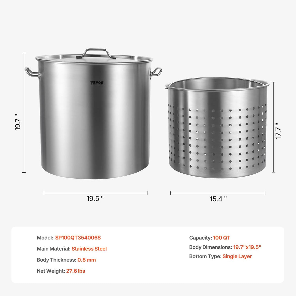 VEVOR Stainless Steel Stockpot, 42 Quart Large Cooking Pots, Cookware Sauce Pot with Strainer, Lid, and Handle, Heavy Duty Commercial Grade Stock Pot, Sanding Treatment, for Large Groups Events Silver
