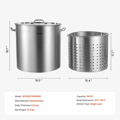VEVOR Stainless Steel Stockpot, 42 Quart Large Cooking Pots, Cookware Sauce Pot with Strainer, Lid, and Handle, Heavy Duty Commercial Grade Stock Pot, Sanding Treatment, for Large Groups Events Silver