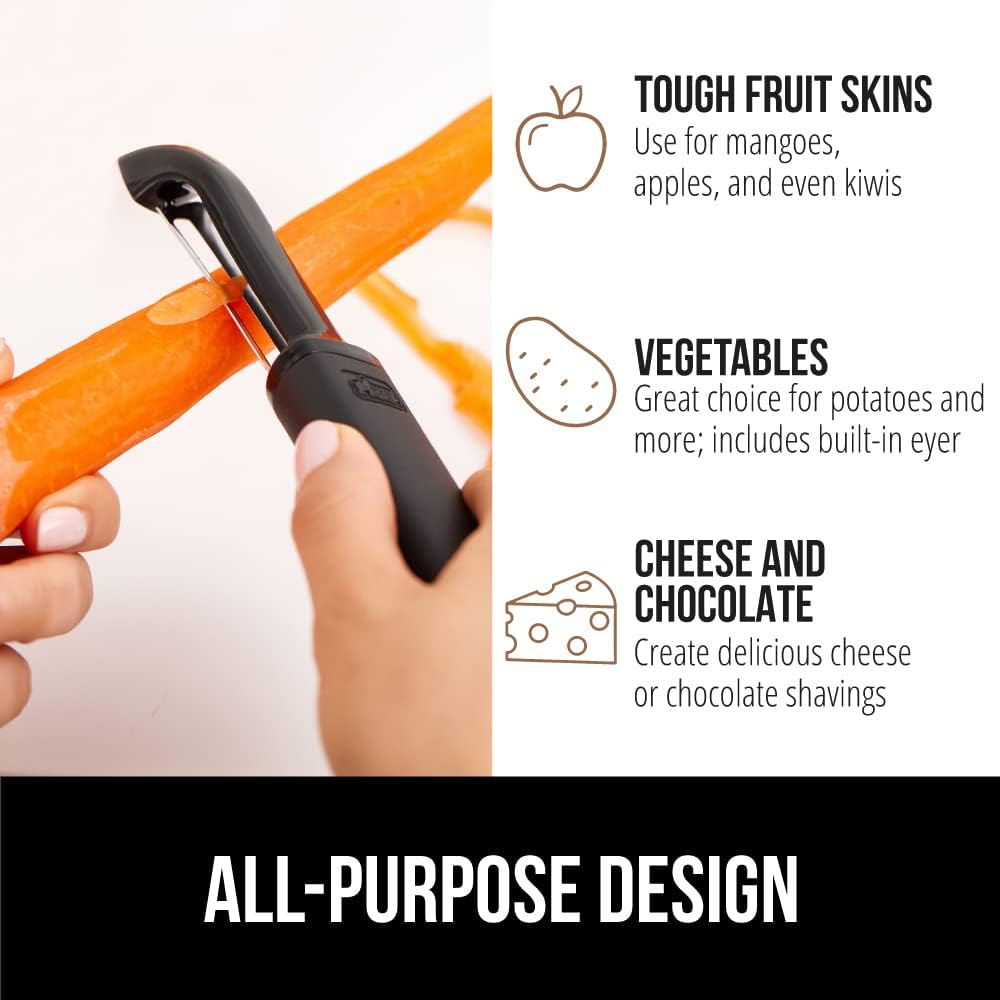 GORILLA GRIP® Patented BPA-Free Vegetable Peeler, Extra Sharp Swivel Stainless Steel Blades with Guard, Comfortable Soft Handle, Easily Peel Carrots or Fruit, Potato Eye Remover, Washer Safe, Black