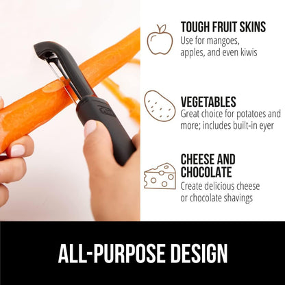 GORILLA GRIP® Patented BPA-Free Vegetable Peeler, Extra Sharp Swivel Stainless Steel Blades with Guard, Comfortable Soft Handle, Easily Peel Carrots or Fruit, Potato Eye Remover, Washer Safe, Black