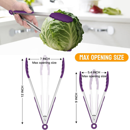 HOTEC Premium Stainless Steel Locking Kitchen Tongs with Silicon Tips, Set of 2-9" and 12"