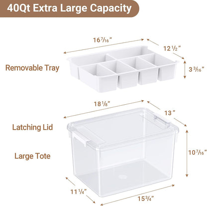 40Qt Stackable Storage Bins with Lids & Trays, Clear Plastic Latching Boxes Organizers with Dividers Portable 10Gal Containers for Arts & Crafts, Home and Car Trunk Organization, 2Pack