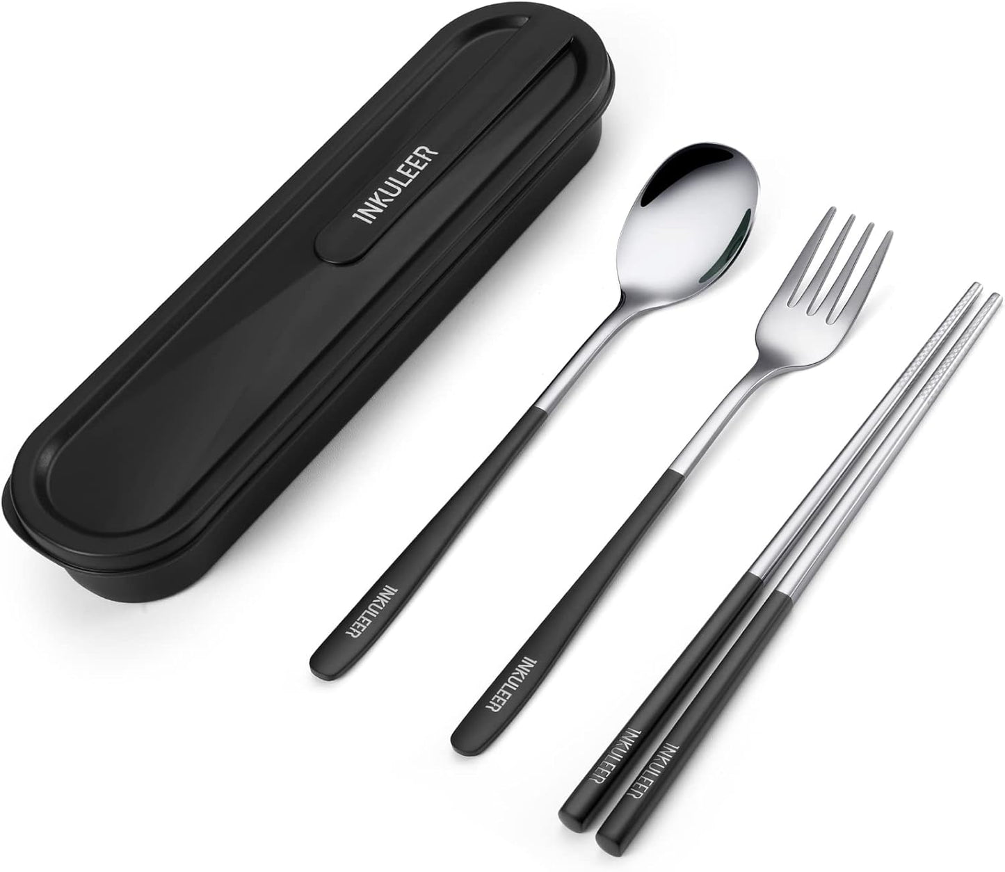 iNKULEER Travel cutlery set, 18/8 stainless steel cutlery, Reusable utensils set with case, Portable Silverware Lunch Box for Camping and Office (Pink)