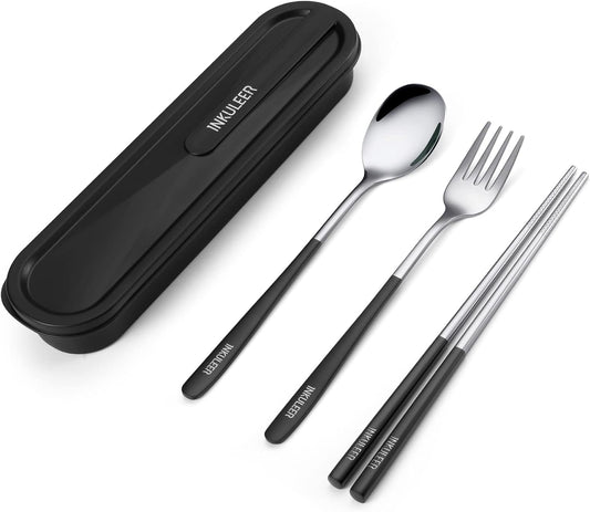 iNKULEER Travel cutlery set, 18/8 stainless steel cutlery, Reusable utensils set with case, Portable Silverware Lunch Box for Camping and Office (Pink)