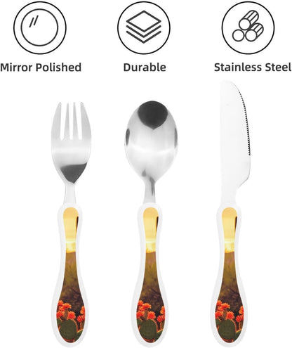 3-Piece Kids Silverware Set With Storage Case, Stainless Steel Reusable Children Safe Knife Spoon Fork Set Elephant Pattern Children Flatware Set For Kids Lunch Box