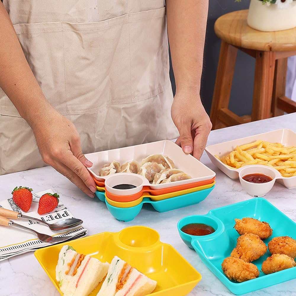 4 Pcs Chips and Salsa Serving Dish Plates, Veggie Platter Dipping Serving Trays with Sauce Rack for Buffet Family Party Appetizer Sushi Taco Salsa Charcuterie Barbecue Plate, Reusable (White 4PCS)