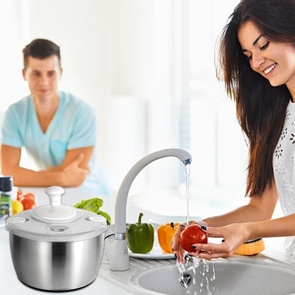 Stainless Steel Salad Spinner, 6QT Lettuce Spinner, Fruit Washing Bowl with Strainer for Washing, Spinning, and Draining Greens, Fruits, and Vegetables