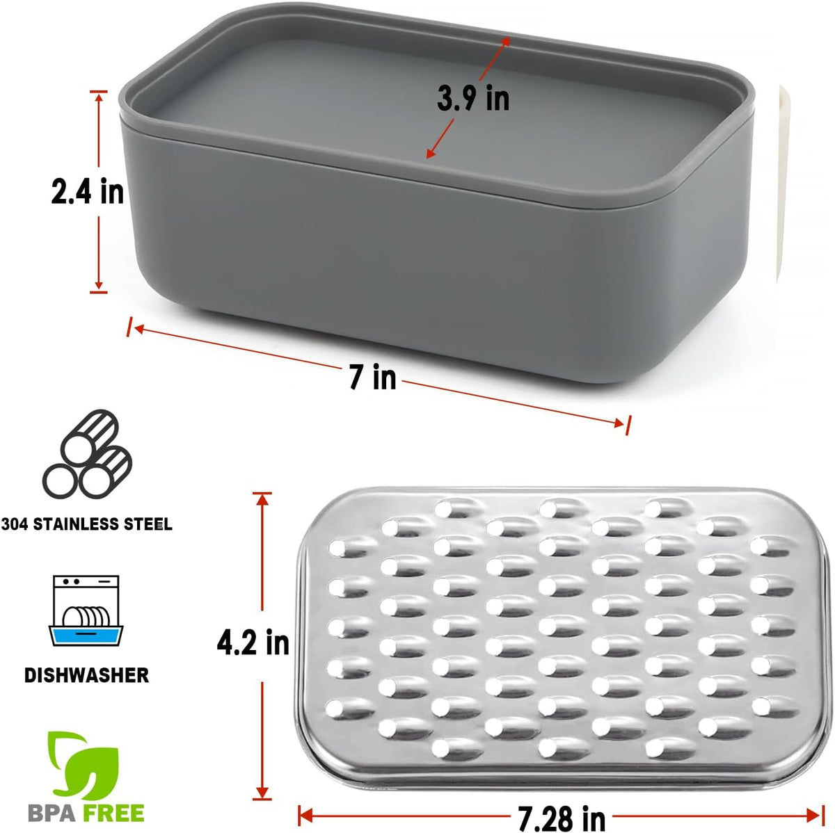 Cheese Grater Citrus Lemon Zester with Food Storage Container & Lid - Perfect For Hard Parmesan Or Soft Cheddar Cheeses, Ginger, Vegetables, Butter, Chocolate & Nutmeg, Gray