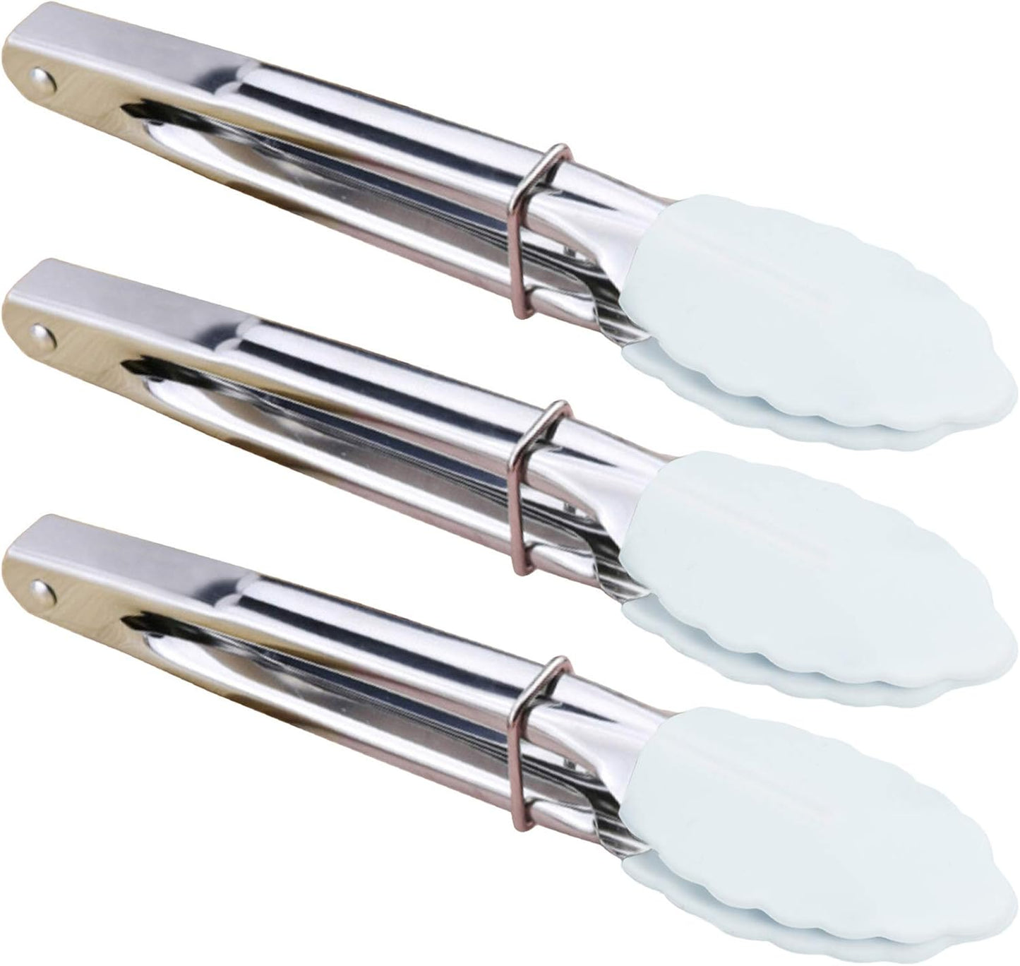HINMAY Mini Stainless Steel Food Tongs with Silding Rings 7-Inch, Set of 6 | Small Clam Shell Service Tongs for Serving Appetizers, Desserts, Salads, Barbecue and Cooking (Silver)