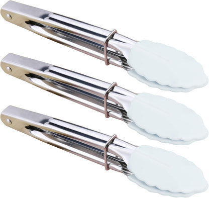 HINMAY Mini Stainless Steel Food Tongs with Silding Rings 7-Inch, Set of 6 | Small Clam Shell Service Tongs for Serving Appetizers, Desserts, Salads, Barbecue and Cooking (Silver)