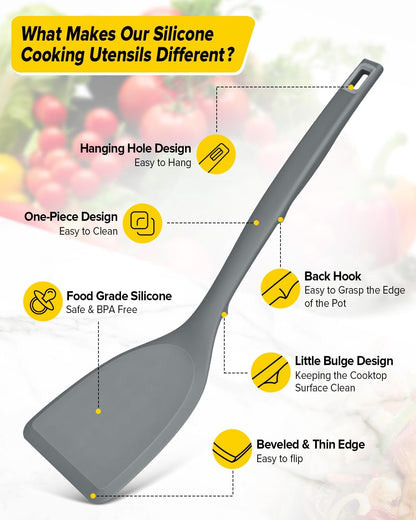 Pack of 4 Silicone Cooking Utensils Set, Non Stick Solid Spatulas and Heat Resistant Slotted Spoons with Back Hooks, Ideal BPA Free Kitchen Utensils Set for Frying,Serving,Turning,Stirring(KHAKI)