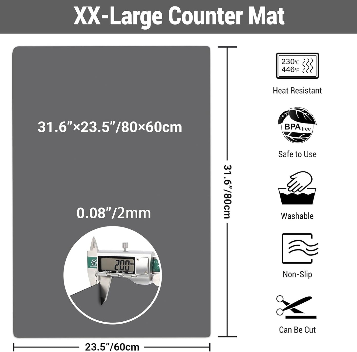 Ewen 25.6x17.7in Large Silicone Kitchen Counter Mat, 2mm Thick Heat Resistant Countertop Protector, Baking Silicone Mat under Air Fryer Toaster Oven Microwave Coffee Maker Cutting Board Drill Black