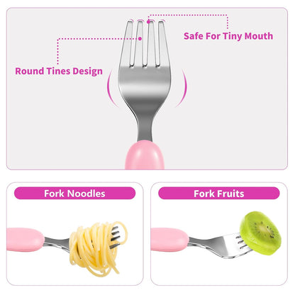 Lehoo Castle 6 Pieces Toddler Utensils, Kids Silverware for 2 3 4 Years Old, Stainless Steel Fork and Spoon Set with Plastic Handle, Safe Toddler Cutlery (Dinosaur)