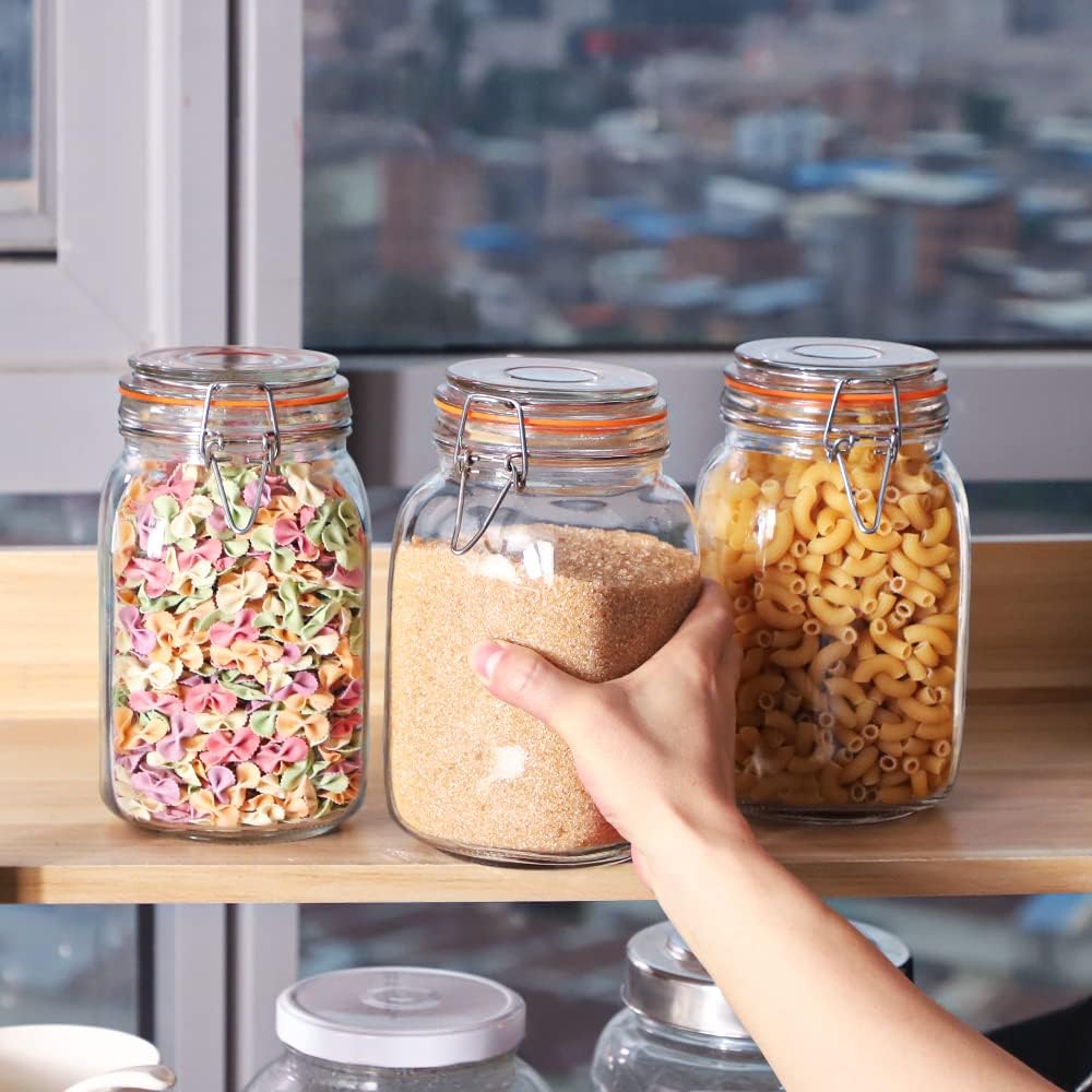 [UPGRADE] 2 Pack Square Super Wide Mouth Airtight Glass Storage Containers with Lids, 1.1 Gallon Glass Jars with 2 Measurement Marks, Canning Jars with Leak-proof Lid for Kitchen (Spare Gasket)