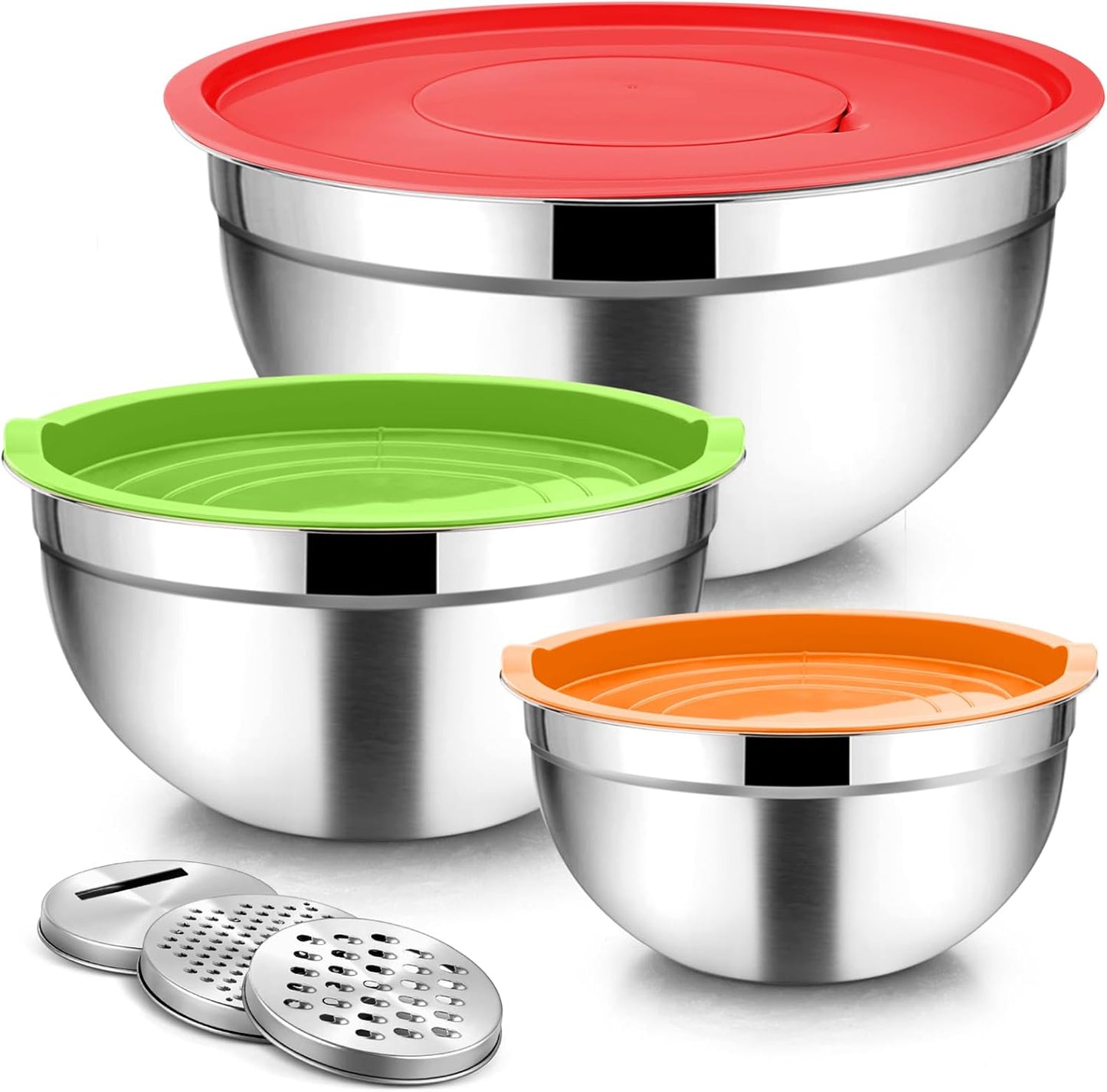TeamFar Mixing Bowls, Stainless Steel Nesting Salad Bowls with Lids Set of 3 & 3 Grater Attachments, For Mixing/Serving/Storing, Non-toxic & Long-lasting, Size 4.6/3 / 1.5 QT, Black