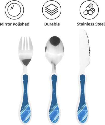 3-Piece Kids Silverware Set With Storage Case, Stainless Steel Reusable Children Safe Knife Spoon Fork Set Blue Lotus Floral Children Flatware Set For Kids Lunch Box