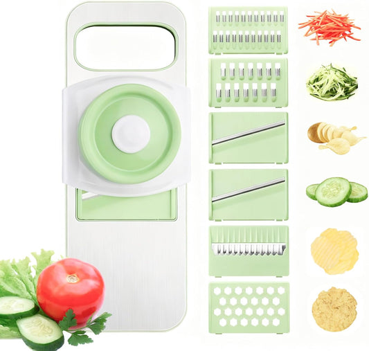 ZKIRON Stainless Steel Mandoline Slicer for Kitchen, 6-in-1 Handheld Vegetable Slicer with 360° Full-Cover Safety Guard, Potato Cucumber Julienne Shredder Grater, Compact Salad Prep (Mint Green)