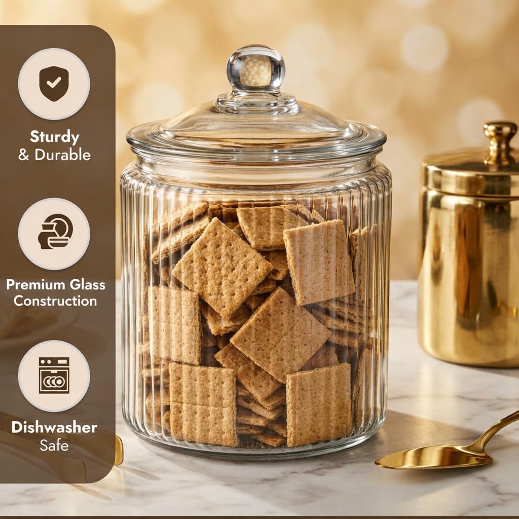 1 Gallon Glass Cookie Jar with Lid – Glass Jar with Lid - Airtight Food Storage Container for Cookies, Candy, Flour, Dog Treats – Clear Large Kitchen Jar for Pantry - Glass Containers with Lids