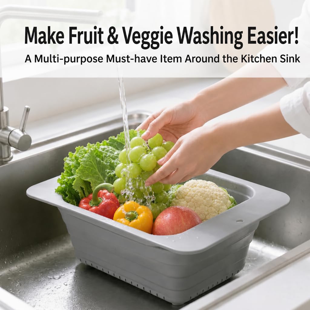 Monozuki Collapsible Colander – Space Saving Silicone Kitchen Strainer, Over The Sink Basket for Washing Fruits & Vegetables, Draining Pasta, Drying Dishes – Gray