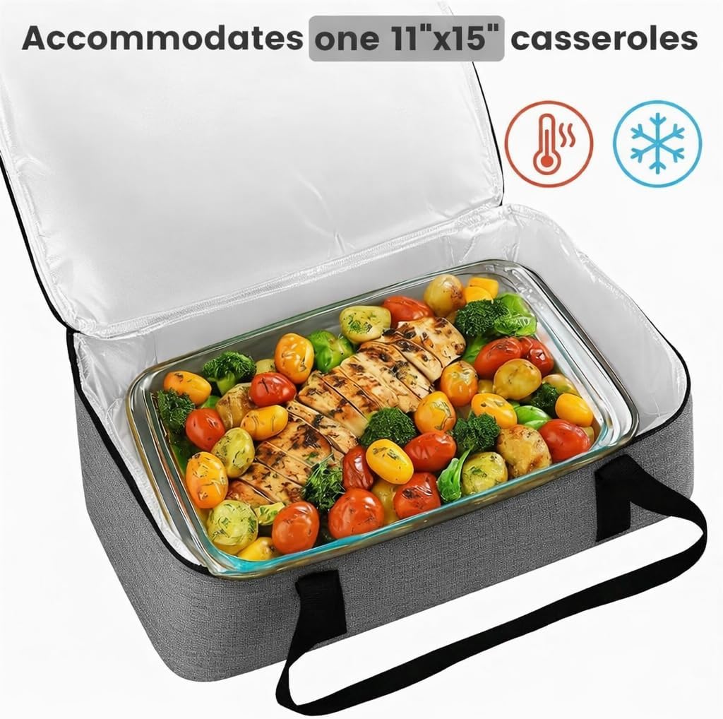Insulated Resuable Casserole Carrier Bag for Hot or Cold Food, Foldable Portable Prep Carrier, Thermal Food Transport Bag for 9''x13'' & 11''x15'' Baking Pan, Travel Picnic Cake Dessert lunch, Black