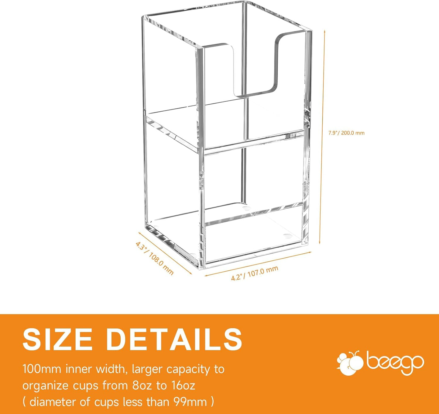 Beego 2-Compartment Cup Holder for Countertop - 2-Tier Clear Acrylic Cup Dispenser Coffee Station Paper Cup and Lid Organizer Condiment Storage for Restaurant Breakroom Kitchen Bar Accessories