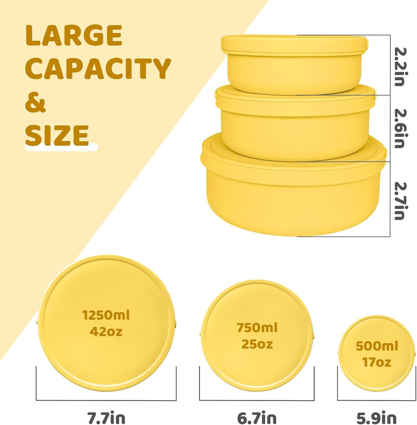 Silicone Food Storage Containers Bowl, Set of 3 Reusable Silicone Bento Lunch Box Containers with Lids (17oz, 25oz, 42oz) Dishwasher, Microwave and Freezer Safe (Bright Yellow)
