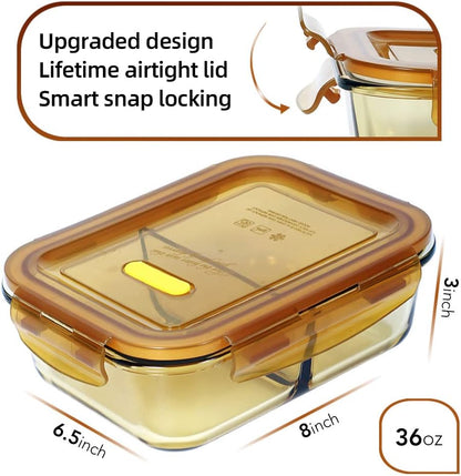 DAS TRUST 5 Pack 36oz Bento Box Glass Meal Prep Container 3 Compartment Glass Food Storage Containers with Lids Meal Prep Bowls Lunch Box Lunch Container for Oven