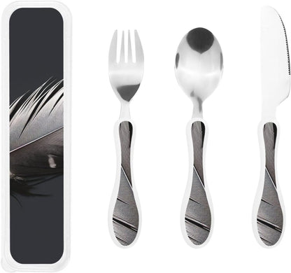 3-Piece Kids Silverware Set With Storage Case, Stainless Steel Reusable Children Safe Knife Spoon Fork Set Black And White Grid Children Flatware Set For Kids Lunch Box
