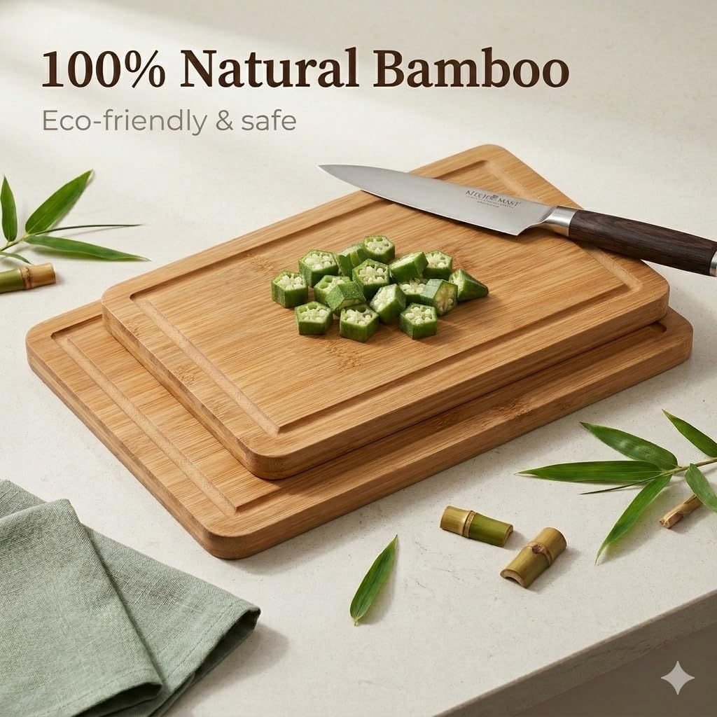 3-Piece Deep Carbonized Bamboo Cutting Board Set with Vertical Drying Stand | Wooden Chopping Boards for Kitchen | Extra Deep Juice Grooves & Easy-Carry Side Handles | Gift-Ready