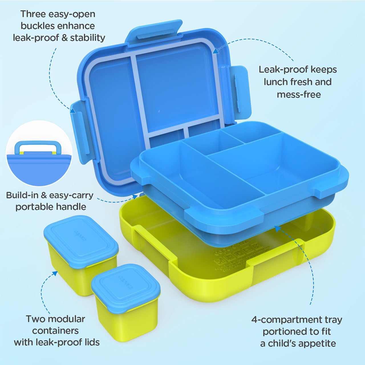 Caperci Bento Box for Kids - Large 4.8 Cups Lunch Box with Two Modular Containers - 4 Compartments, Leak-Proof, Portable Handle, Microwave/Dishwasher Safe, BPA-Free (Jungle Green/Blue)