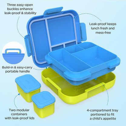 Caperci Bento Box for Kids - Large 4.8 Cups Lunch Box with Two Modular Containers - 4 Compartments, Leak-Proof, Portable Handle, Microwave/Dishwasher Safe, BPA-Free (Jungle Green/Blue)