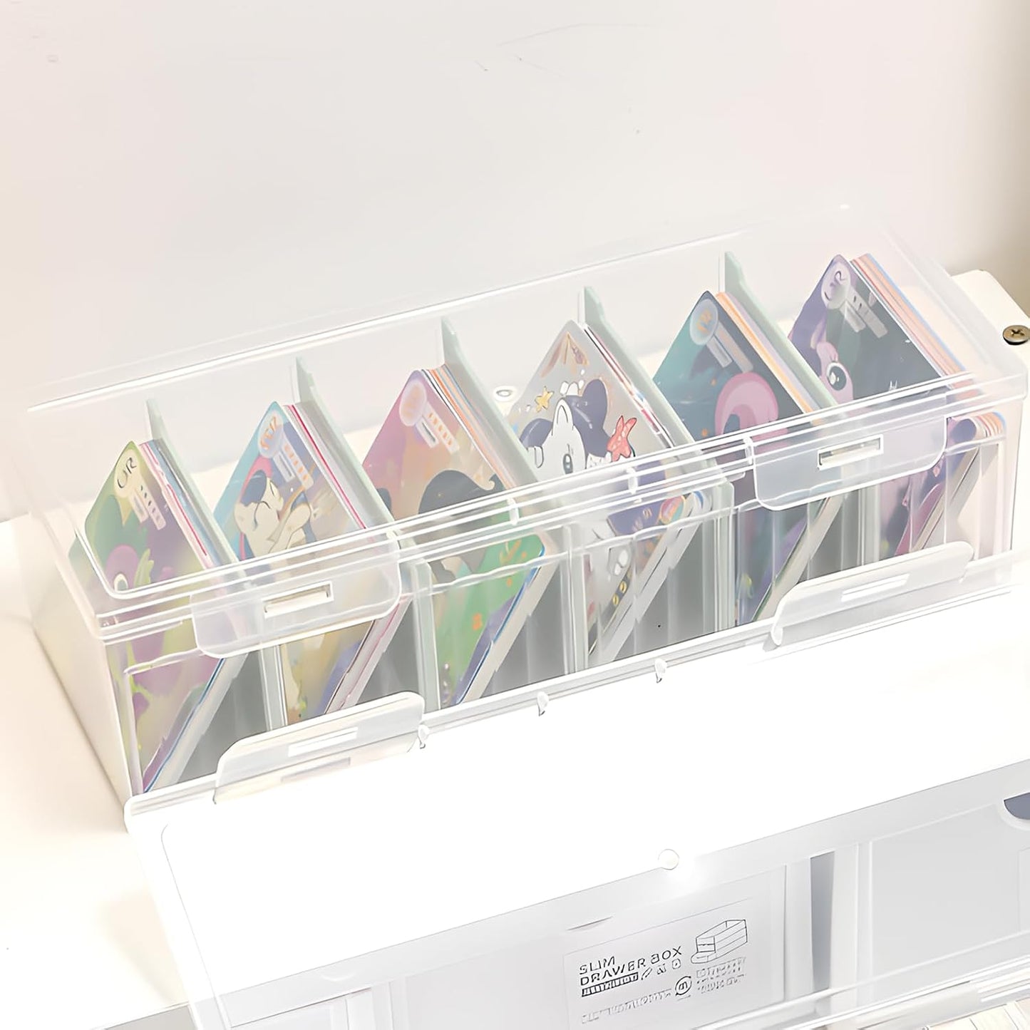 3Pcs Plastic Storage Bins, Clear Plastic Organizer Box with Dividers, with 5 Dividers, Dust-Proof And Moisture-Proof, Easy to Take, for Storing Cards, Jewelry, Crafts(9.45 × 3.94 × 2.76 Inches)