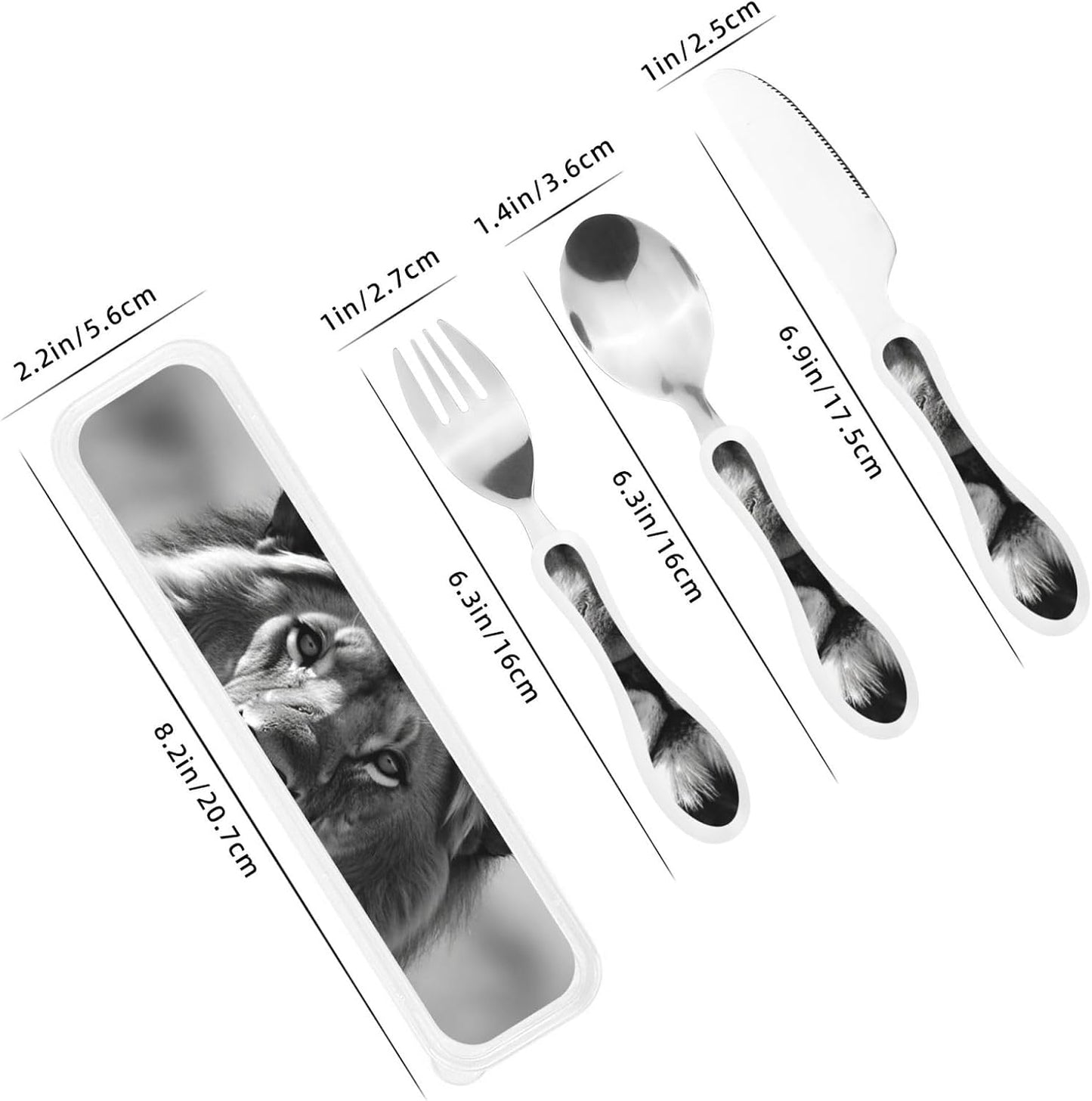 3-Piece Kids Silverware Set With Storage Case, Stainless Steel Reusable Children Safe Knife Spoon Fork Set African Lion Black And White Children Flatware Set For Kids Lunch Box