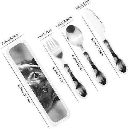 3-Piece Kids Silverware Set With Storage Case, Stainless Steel Reusable Children Safe Knife Spoon Fork Set African Lion Black And White Children Flatware Set For Kids Lunch Box