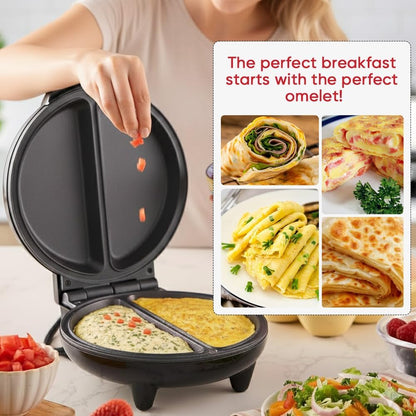 Dual Zone Electric Omelette Maker 2026|Non-Stick Double Omelet Pan with Fast Heating|Perfect for 2 Eggs,Breakfast Sandwiches,Frittatas|1000W Compact Kitchen Appliance (Black)