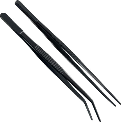 8-Inch Kitchen Tweezers Stainless Steel Culinary Plating Tweezer, Professional Chef Tweezer Food Tongs (Curved Head, Sliver)