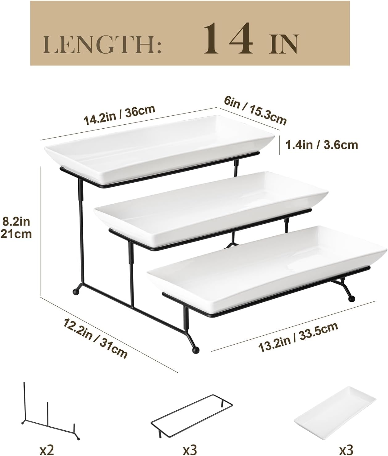 MALACASA 3 Tier Serving Trays for Party, Porcelain Serving Platters and Trays, 12 Inch Tiered Tray Stand, Fruit Tray, Trays for Serving Food, White Dessert Stand with Collapsible Sturdier Metal Rack