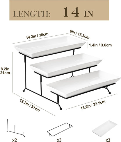 MALACASA 3 Tier Serving Trays for Party, Porcelain Serving Platters and Trays, 12 Inch Tiered Tray Stand, Fruit Tray, Trays for Serving Food, White Dessert Stand with Collapsible Sturdier Metal Rack