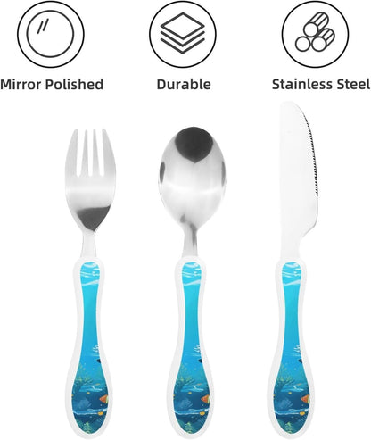 3-Piece Kids Silverware Set With Storage Case, Stainless Steel Reusable Children Safe Knife Spoon Fork Set Blue Active Girl Running Sunset Children Flatware Set For Kids Lunch Box - Colors B