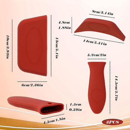 Three Piece Set Of Red Silicone Handle, Heat-Resistant Handle, Cast Iron Frying Pan Cover, Anti Slip Insulation Cover, Size 5.6 * 0.8 Inches