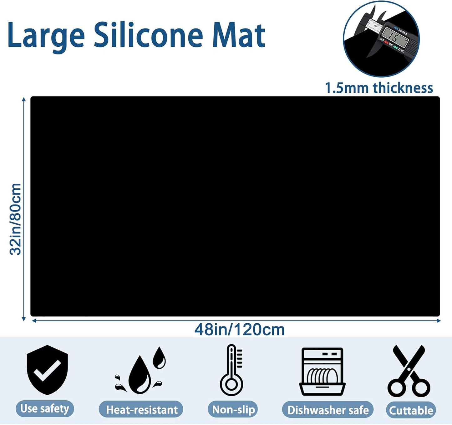 Super Large Silicone Mat, 120"x24" Silicone Mats for Kitchen Counter, Non-slip Heat Resistant Mat,Thicken Kitchen Counter Mat, Waterproof Countertop Protector for Craft (Black)