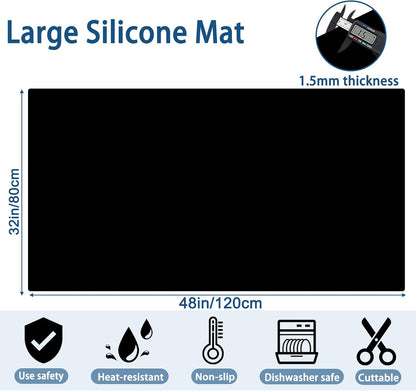 Super Large Silicone Mat, 120"x24" Silicone Mats for Kitchen Counter, Non-slip Heat Resistant Mat,Thicken Kitchen Counter Mat, Waterproof Countertop Protector for Craft (Black)
