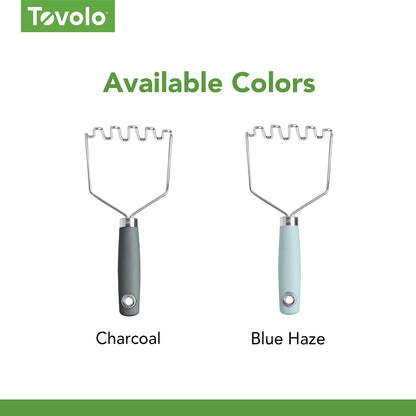Tovolo Elements Stainless Steel Masher Tool for Mashing Potatoes Avocado Vegetables & More, Dishwasher Safe Potato Masher with Comfort Grip Handle Hanging Loop for Convenient Storage, Charcoal Gray