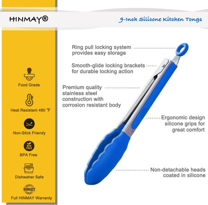 HINMAY Stainless Steel Kitchen Tongs 9-Inch Cooking Tongs, Set of 3