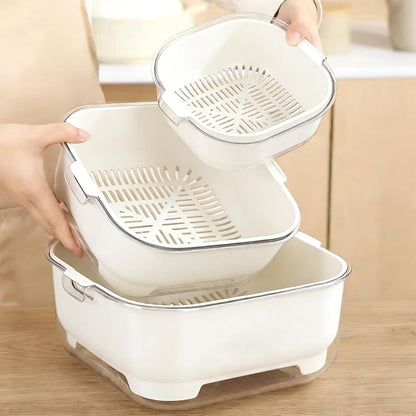 3 Pcs Set Double-Layer Plastic Colander, Large Capacity Food Strainers, Fruits Vegetable Washing Draining Basket, Detachable and Stackable Multi-Layer Strainer Bowl, Easy to Clean for Kitchen (Brown)
