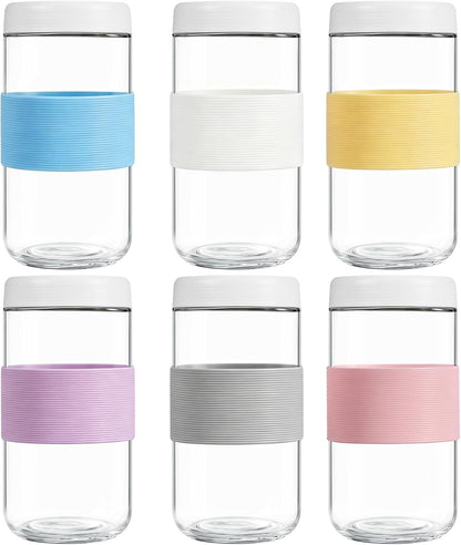 16 oz (6 Pack) Overnight Oats Containers with Airtight Lids and Silicone Sleeves, Leakproof Glass Meal Prep Containers, Wide Mouth Cookie Jars for Yogurt Chia Salad Smoothies Snacks
