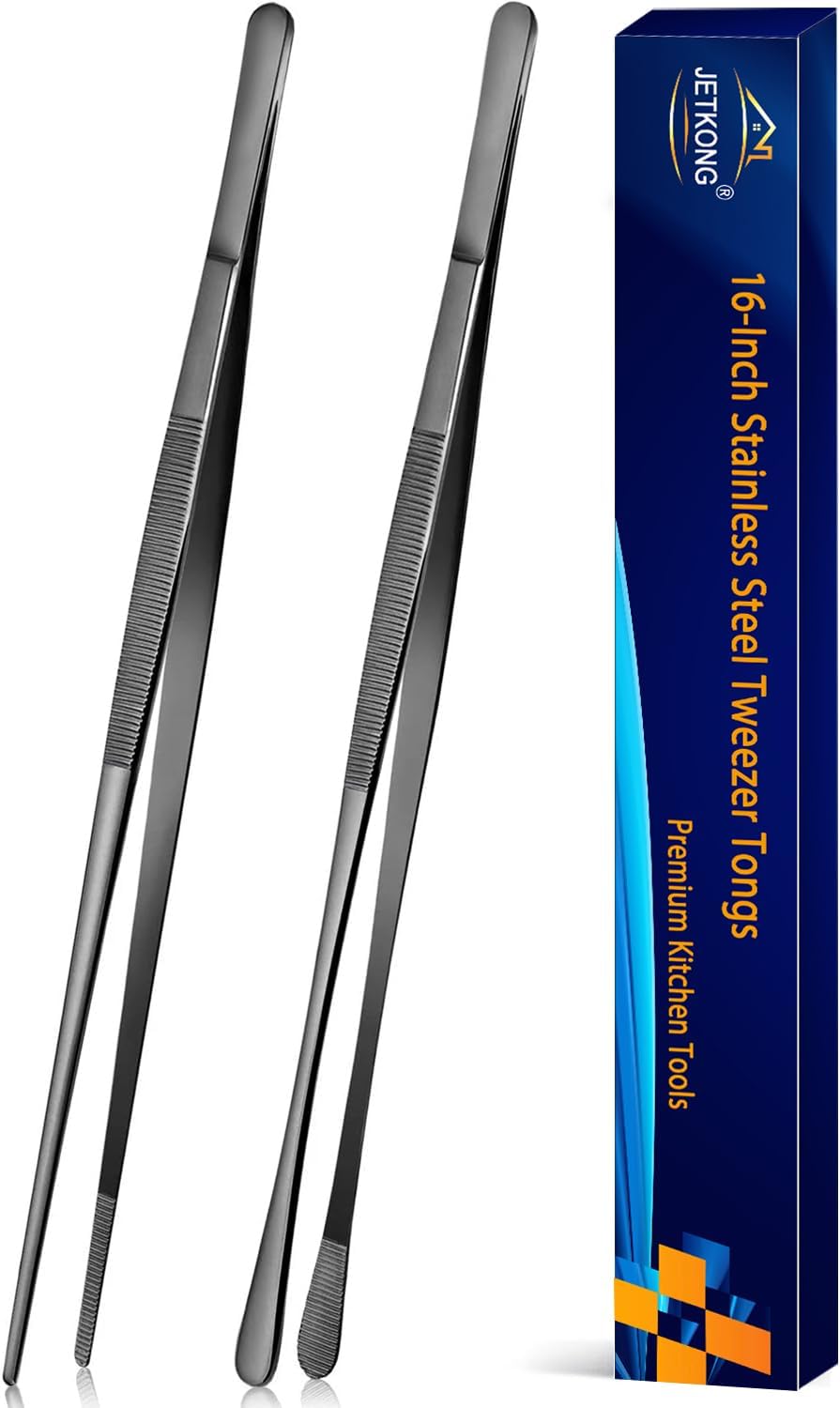 JETKONG 2 Pcs 12-Inch Kitchen Tweezers Tongs with Precision Serrated Tips, Stainless Steel Chef Tweezer Professional Cooking Tweezers for BBQ, Plating and Serving (12-Inch, Black)