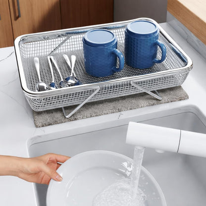 Large Adjustable Over-the-Sink Expandable Dish Drying Rack with Stainless Steel Drain Basket, Telescopic Space-Saving Kitchen Organizer for Fruits & Vegetables